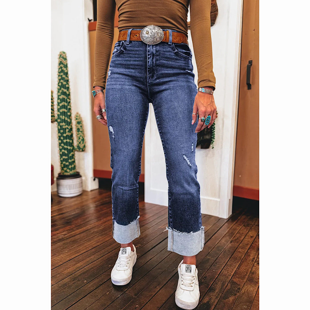 Folded Cuff Straight Jeans